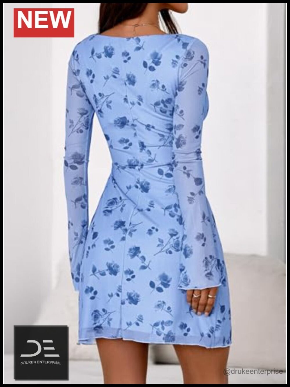 Women's Floral Long Sleeve Bodycon Mini Dress Boat Neck Bell Sleeve Mesh Club - Picture 3 of 6